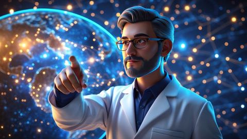 Astrophysicist analyzing holographic globe in virtual laboratory