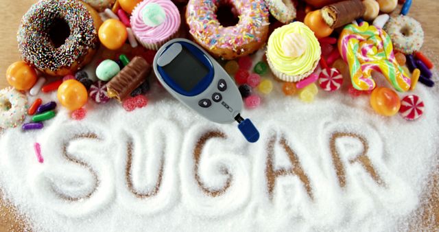 A variety of sugary treats surrounds a blood glucose meter, emphasizing the link between sugar consumption and blood sugar levels, with copy space. This setup serves as a visual reminder of the impact diet can have on health, particularly for those monitoring their glucose.