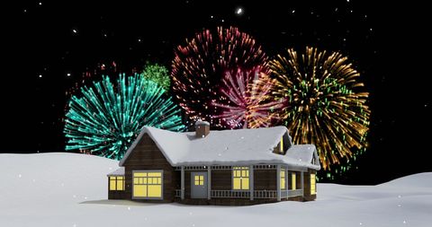 Festive Fireworks Above Snowy House During Winter Celebration - Download Free Stock Images Pikwizard.com