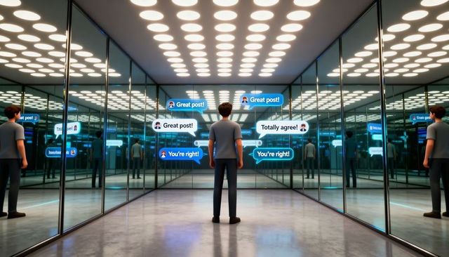 Man standing in infinite mirror chamber facing glowing social media approval bubbles