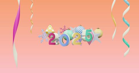 Colorful 2025 Celebration with Festive Decorations on Pink Gradient