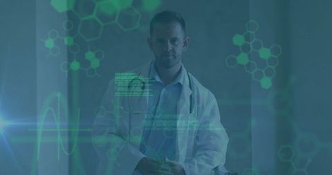 Healthcare data analytics with male doctor and digital technology overlay