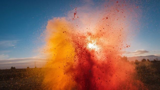 Colorful powder explosion vibrant sunrise in open field