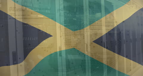 Jamaican Flag with Cybersecurity and Data Server Technology Overlay