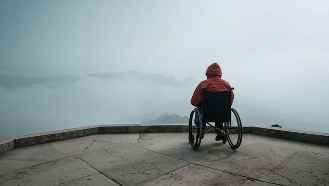 Wheelchair user overlooking misty hills, red hooded jacket contemplating horizon
