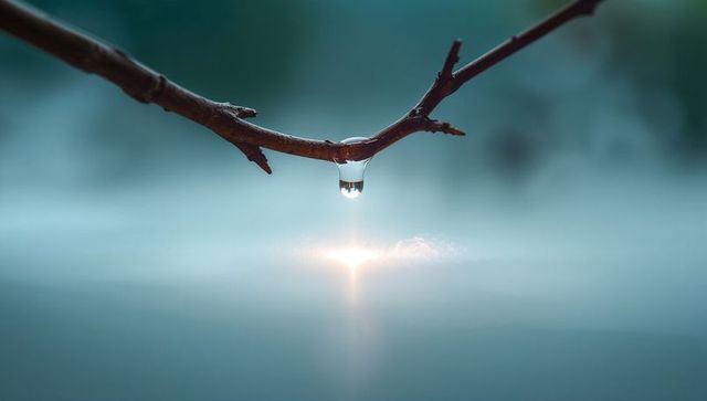 Serene Water Droplet on Branch Over Misty Lake