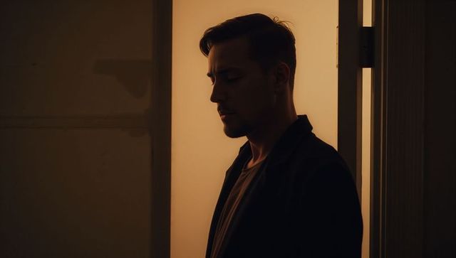 Moody male silhouette standing in doorway with amber backlight and dramatic rim light
