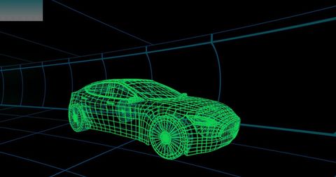 Digital Wireframe Car in Virtual Tunnel Environment