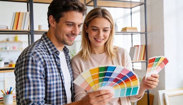 Young couple choosing paint colors with swatch fans in bright home workspace