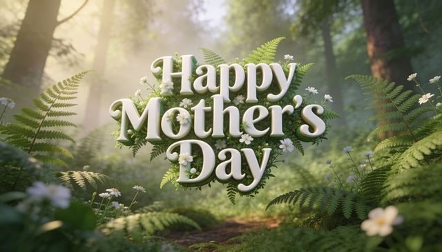 Happy mother's day 3d floral typography in sunlit forest clearing