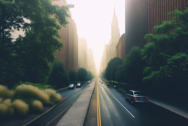 Misty urban street in city with modern buildings and trees, created using generative ai technology. Urban architecture and cityscape concept digitally generated image.