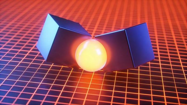 Glowing Orange Orb Powering Neon Grid Between Floating Metallic Cubes Futuristic Abstract Lighting