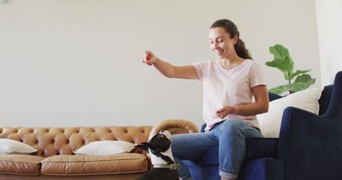 Smiling Woman Training Energetic Dog in Comfortable Living Room