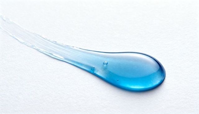 Glossy cerulean gel teardrop resting on textured white paper closeup macro with air bubble