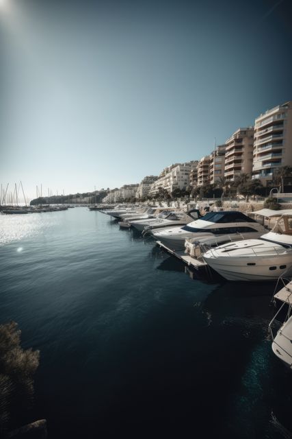 General view of port with sailing boats, sea and buildings created using generative ai technology. Travel, sailing and seaside concept digitally generated image.
