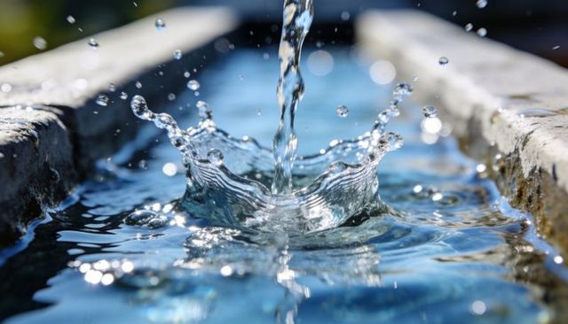 Pouring Water Forming Crown Splash in Sunlit Stone Trough, Macro Droplets, Reflections and Bokeh