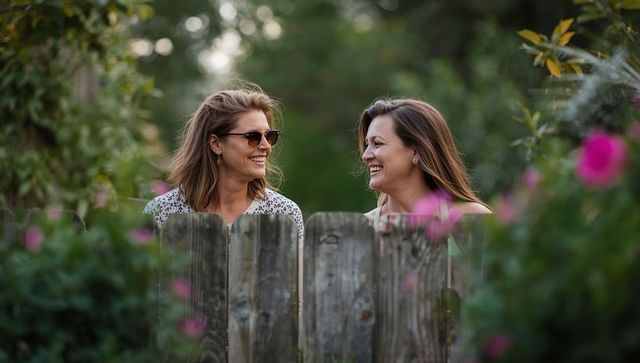 Women Enjoying Laughter Over Garden Fence Surrounded by Nature
