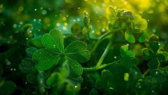 Shining four-leaf clover catching warm sunlight with dew droplets and dreamy bokeh