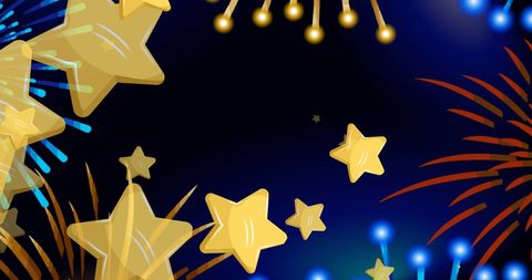 Gold stars and fireworks celebration design on dark blue