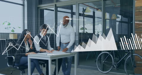 Team Analyzing Project with Graph Overlay in Modern Office