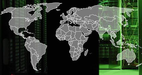 Global network overlay over green-lit data center racks conveying cybersecurity and connectivity