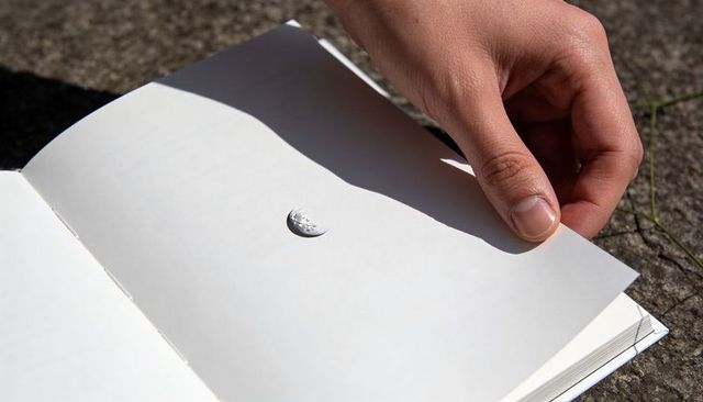 Closeup hand turning blank notebook page with miniature moon detail on sunlit concrete