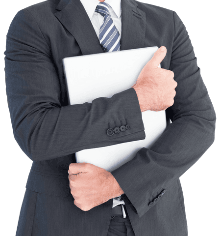 Businessman holding laptop securely in transparent background
