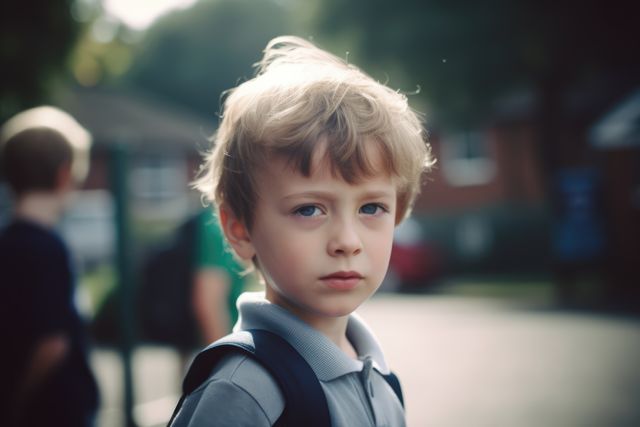 Young boy with serious expression standing outdoors with backpack in a quiet neighborhood. Uses include educational materials, back-to-school themes, youth-related advertisements, and parenting articles.