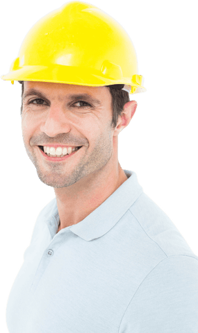 Smiling male architect wearing yellow hard hat on transparent background