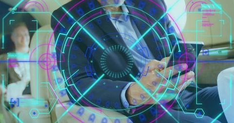 Executive tapping smartphone in private jet with futuristic ar hud overlays