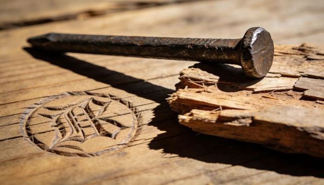 Rusty square-cut nail on weathered wooden plank with carved emblem and splinters