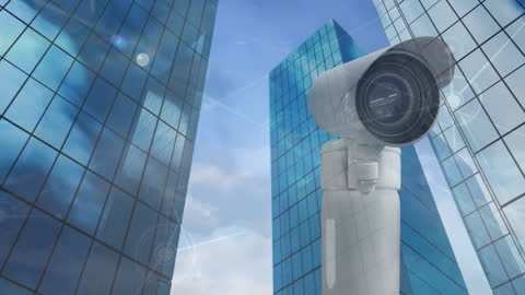 Surveillance Camera Overlooking Modern Cityscape with Data Overlay