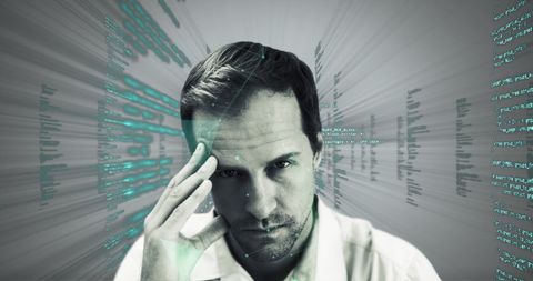 Man Contemplating Data with Digital Overlay Futuristic Technology - Download Free Stock Images Pikwizard.com