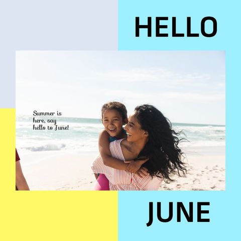 Mother and Son Laughing by Ocean with 'Hello June' - Download Free Stock Templates Pikwizard.com