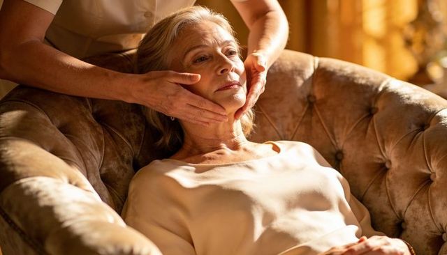 Senior woman receiving gentle facial care from caregiver on tufted velvet chair, warm home