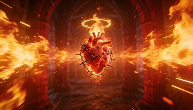 Floating flaming anatomical heart crowned with thorns emitting fire beams vaulted corridor