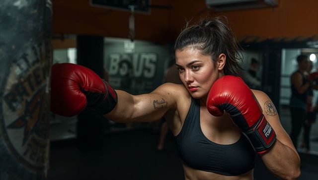 Determined female boxer throwing straight punch at heavy bag in gym training session