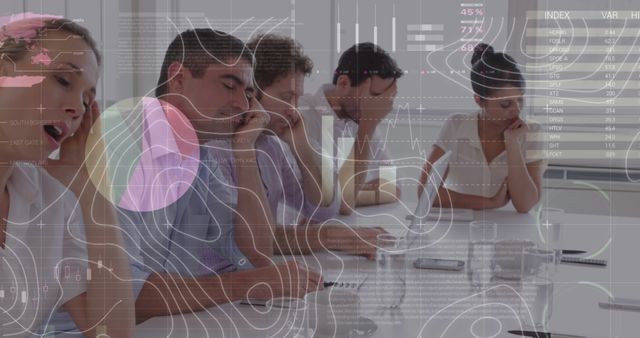 Bored Business Team in Meeting with Futuristic Data Visualizations Overlaid - Download Free Stock Images Pikwizard.com