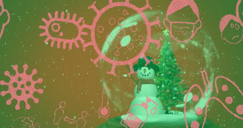 Festive Christmas Tree with COVID-19 Icons and Snow Globe