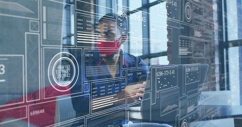 Innovative Technologist Analyzing Advanced Data Visualization in Modern Office