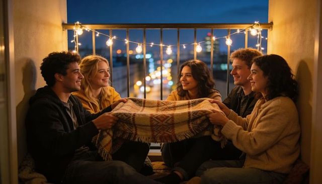 Friends sharing plaid blanket on cozy urban balcony at dusk with string lights