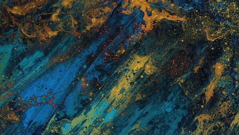 Flowing metallic marbled abstraction with gold veins, blue teal turquoise pigment splatter