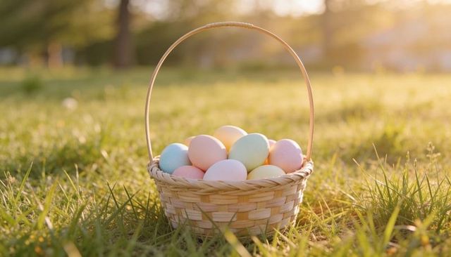Easter basket filled with pastel eggs glowing in golden hour spring sunlight on grass