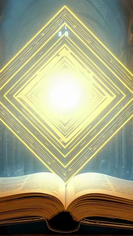 Opening ancient book projecting glowing diamond portal above vaulted library vertical video
