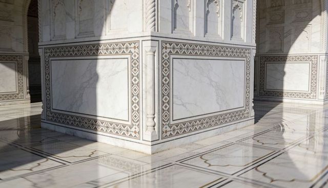 Sunlight bathing ornate white marble plinth with carved pilaster in geometric gallery