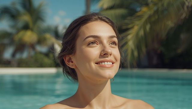 Smiling Woman Relaxing in Tropical Resort Pool
