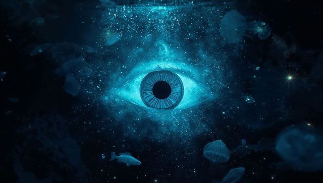 Glowing Celestial Eye in Aquatic Fantasy Realm