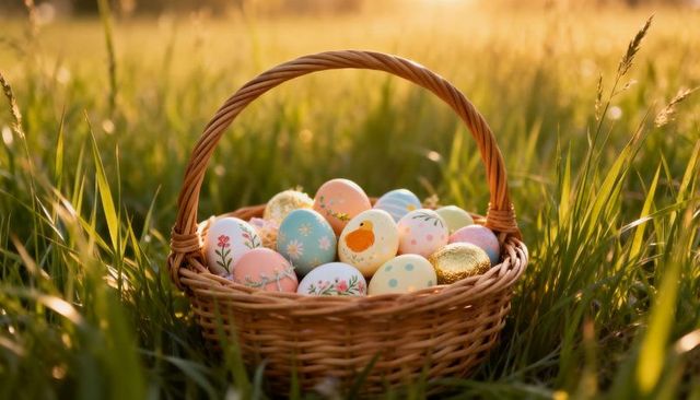 Sunlit easter basket of pastel hand-painted eggs in meadow at golden hour