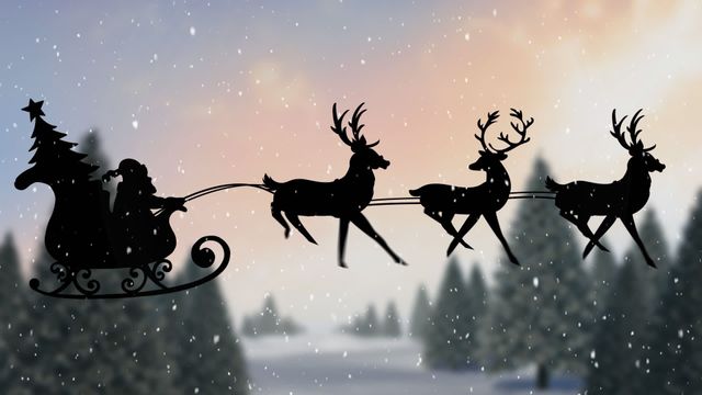 Santa Claus flying in a sleigh pulled by reindeers over a peaceful, snowy winter landscape with blurred evergreen trees in the background. Ideal for holiday greetings, Christmas cards, festive banners, and winter advertising.