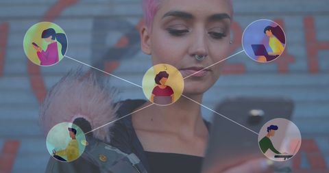 Woman with Pink Hair Connecting Virtually Through Smartphone